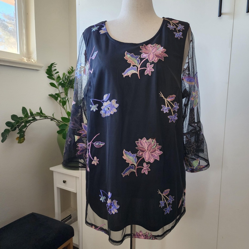 0X black with metallic embroidery large flowers sheer 3/4 sleeves Catherines